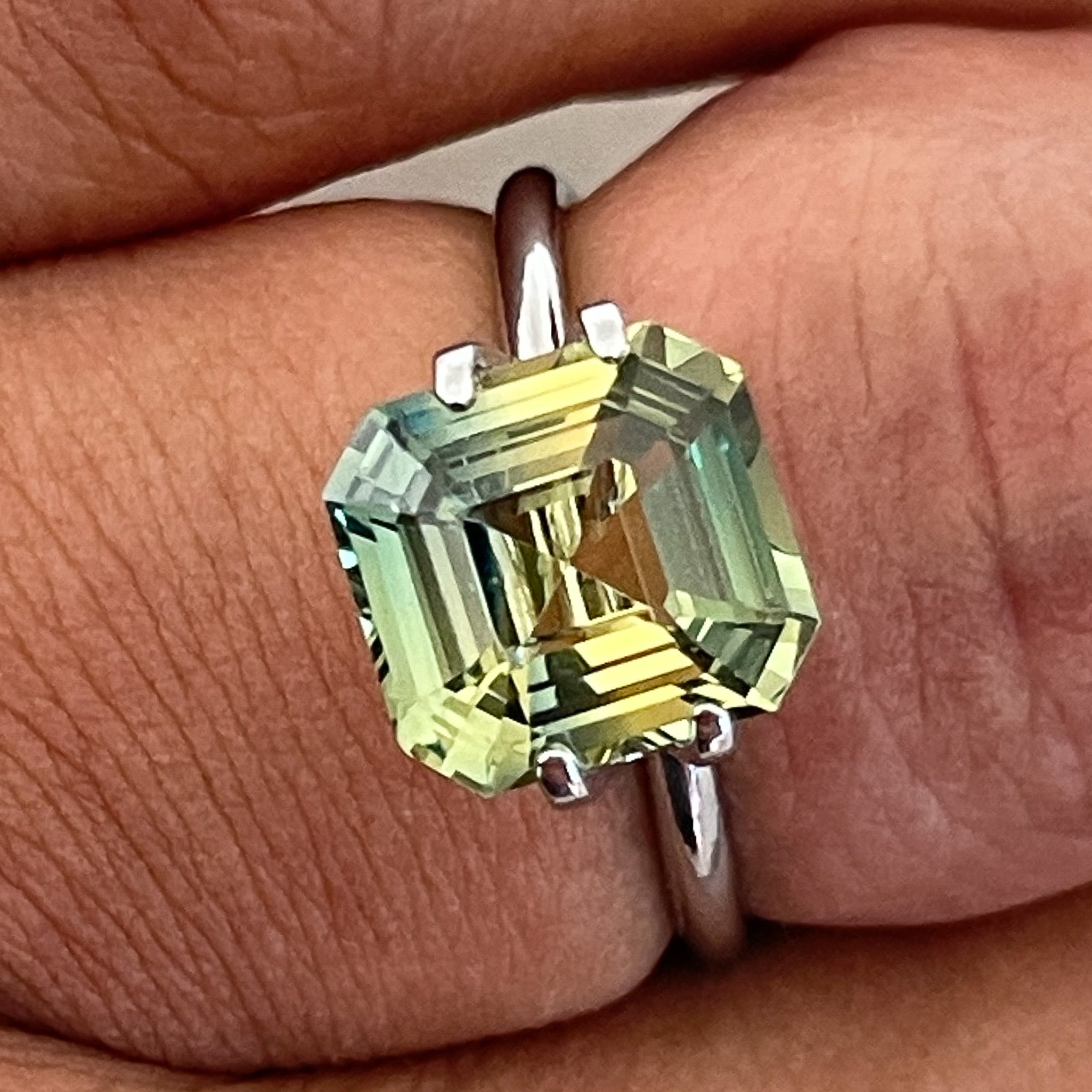 Teal natural Parti Sapphire 4.02 Ct Asscher cut, bi-color green-yellow loose sapphire for custom engagement rings.