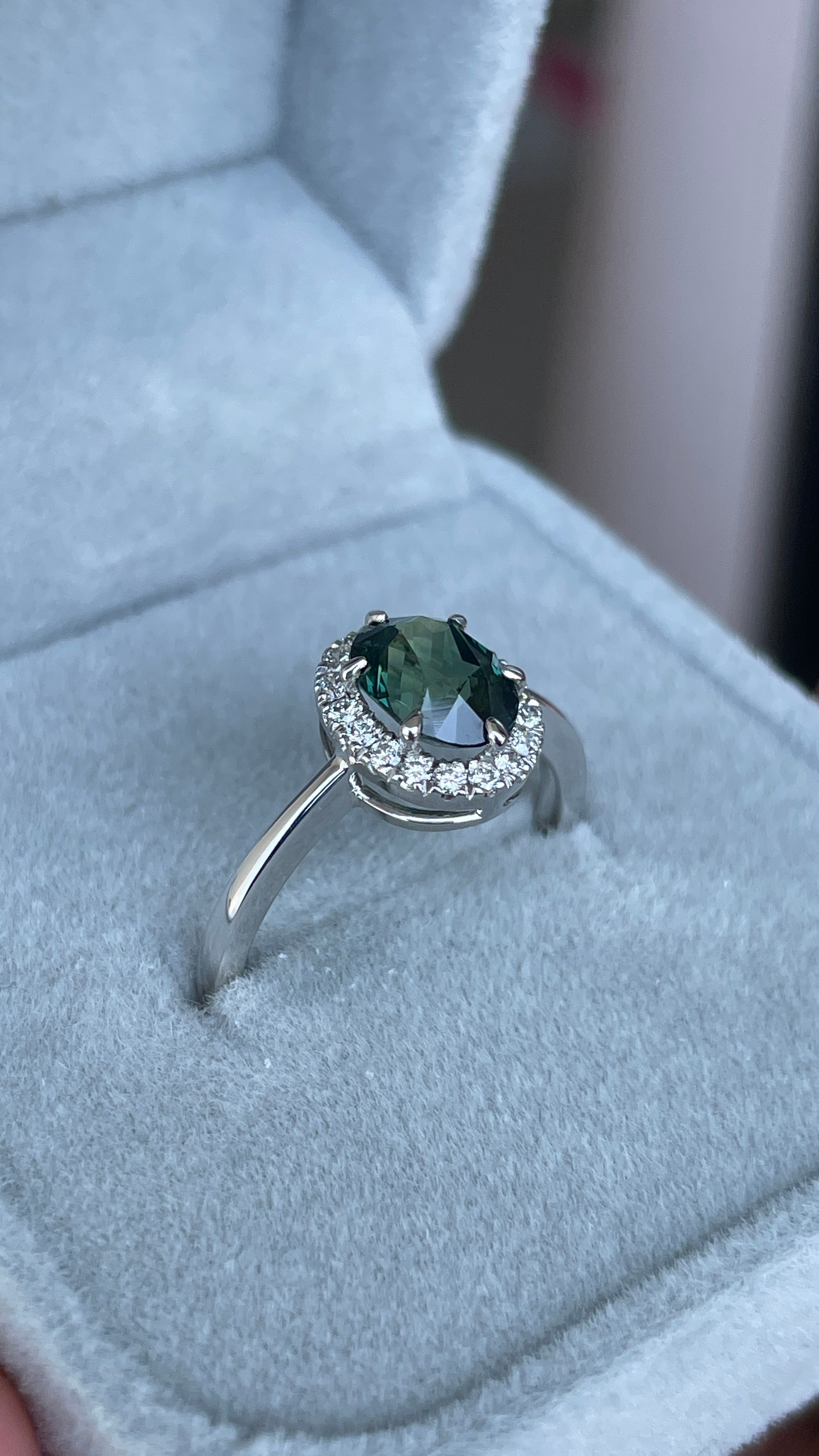 Natural Teal Sapphire Ring, Solid 14k White Gold Engagement Ring, Natural Diamond halo, Timeless Design Jewelry - NASHGEMS