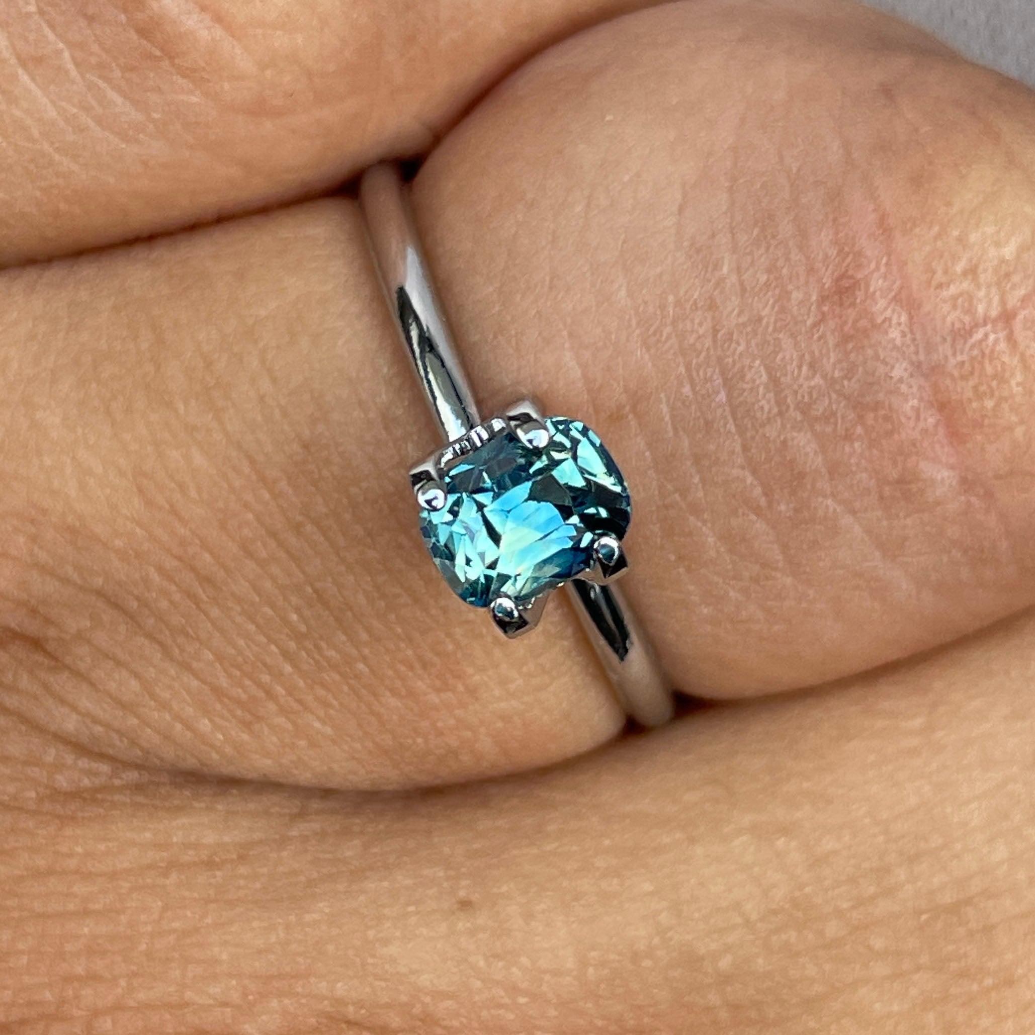 teal blue green parti sapphire cushion cut gem