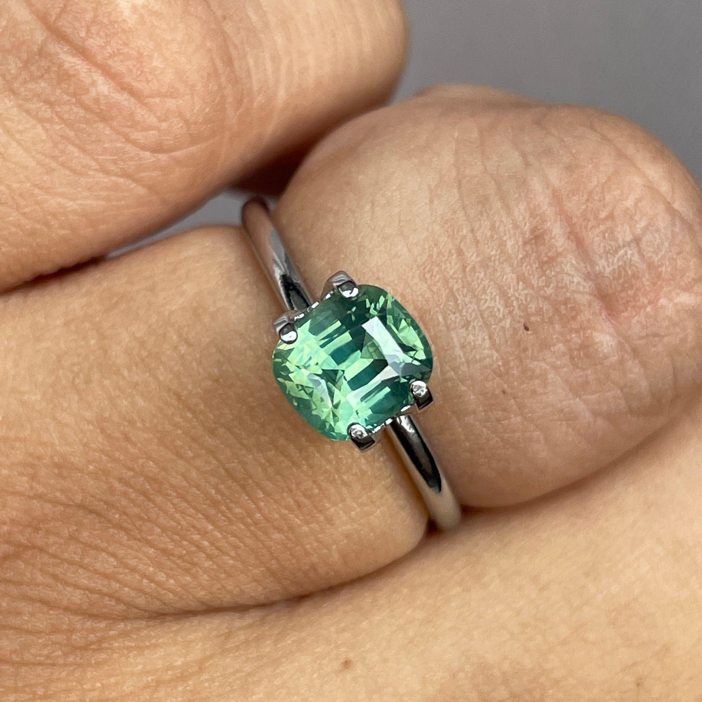 teal blue green parti sapphire cushion cut gem