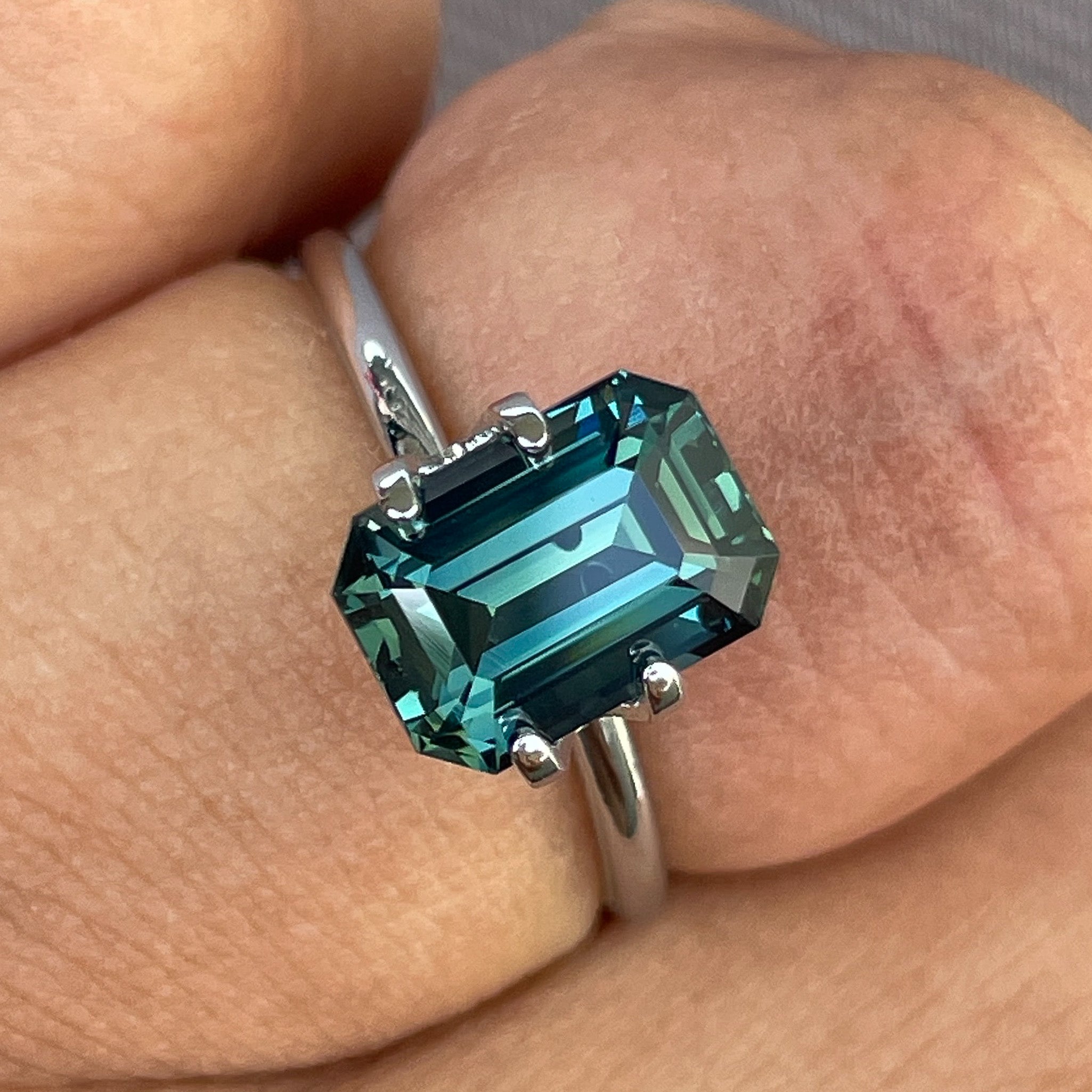 Natural teal blue green sapphire 3.71 Ct emerald cut, loose no heat gemstone by NASHGEMS for engagement or custom jewelry.