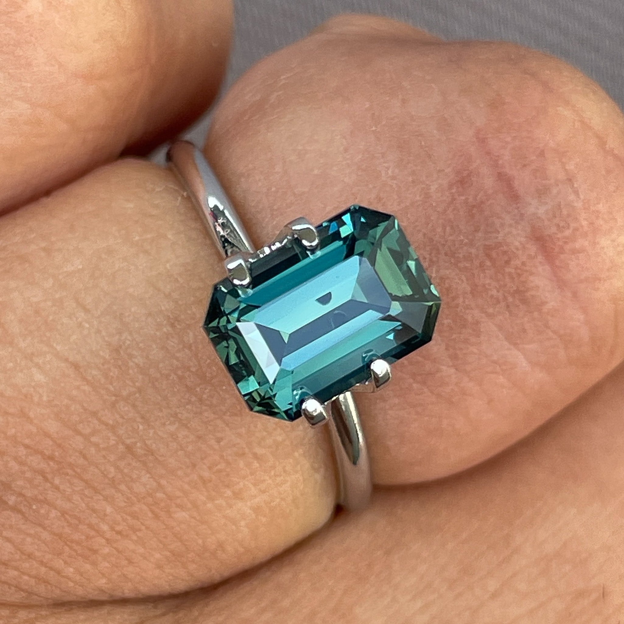 Natural teal blue-green sapphire, 3.71 ct emerald cut, loose no-heat gemstone for engagement rings or custom jewelry by NASHGEMS.