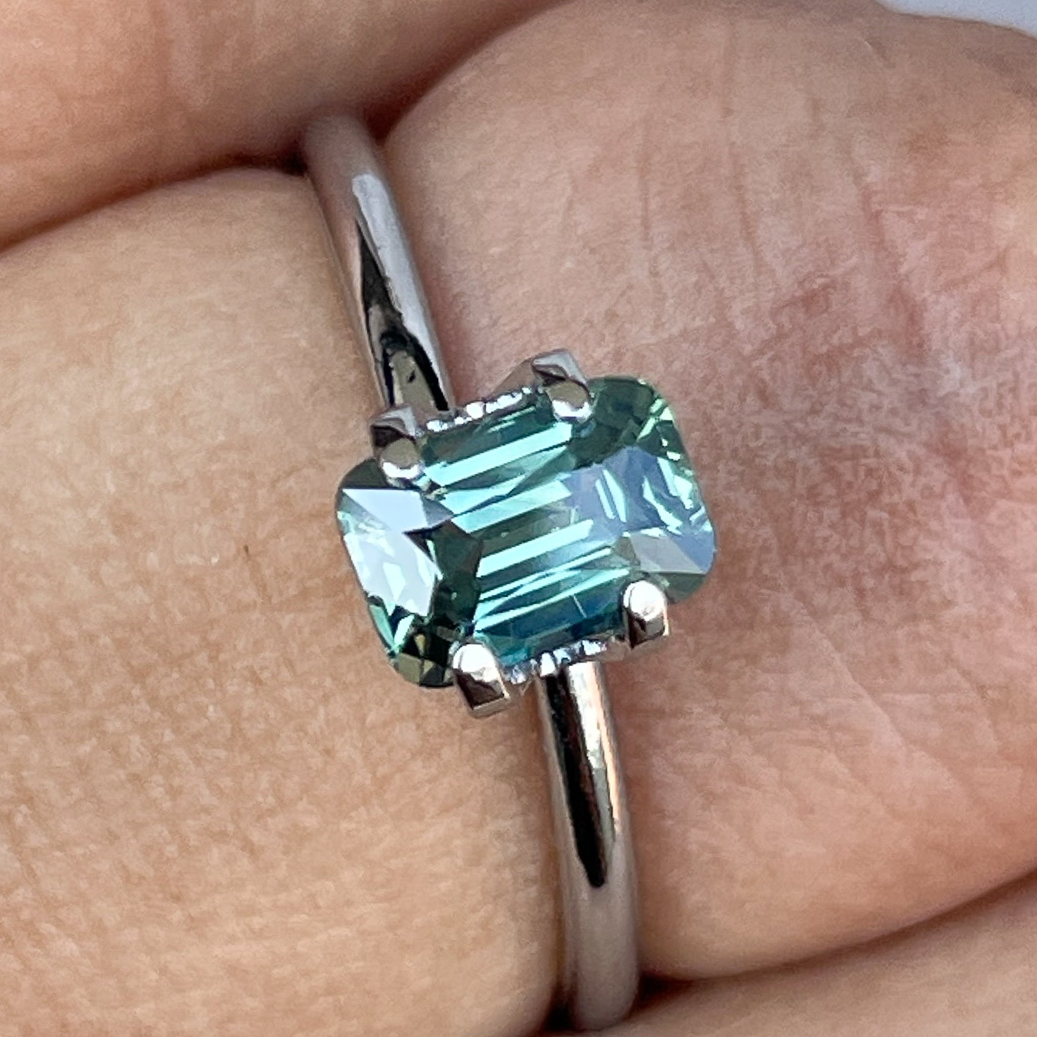 Natural pale green sapphire, 1.14 Ct cushion cut teal loose gemstone from NASHGEMS for engagement or custom jewelry.