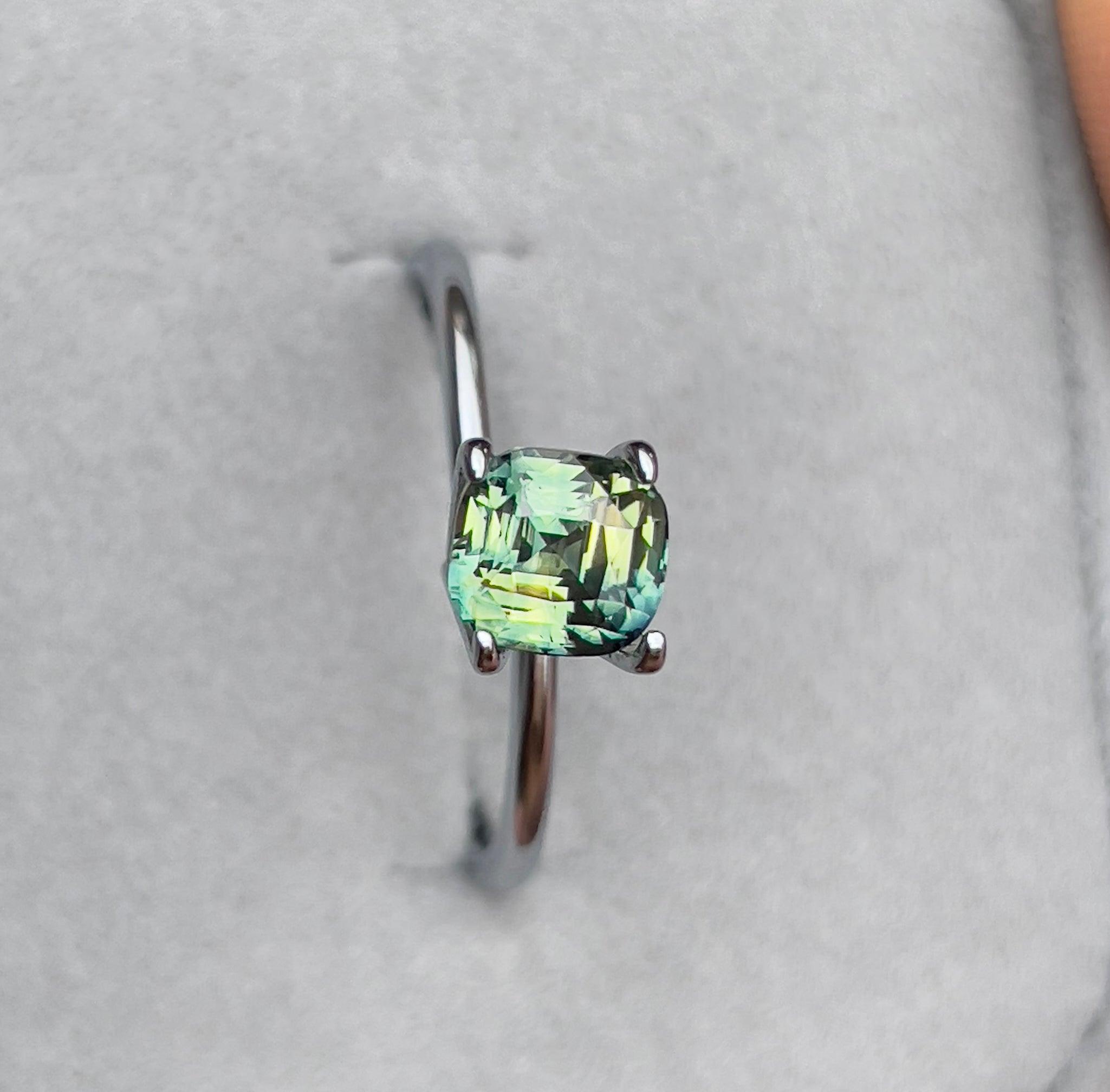 teal blue green parti sapphire cushion cut gem