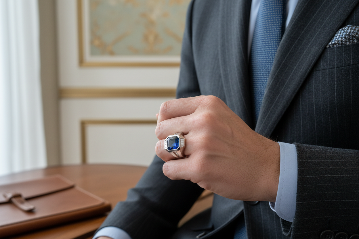 Natural blue sapphire men’s engagement ring set in solid gold