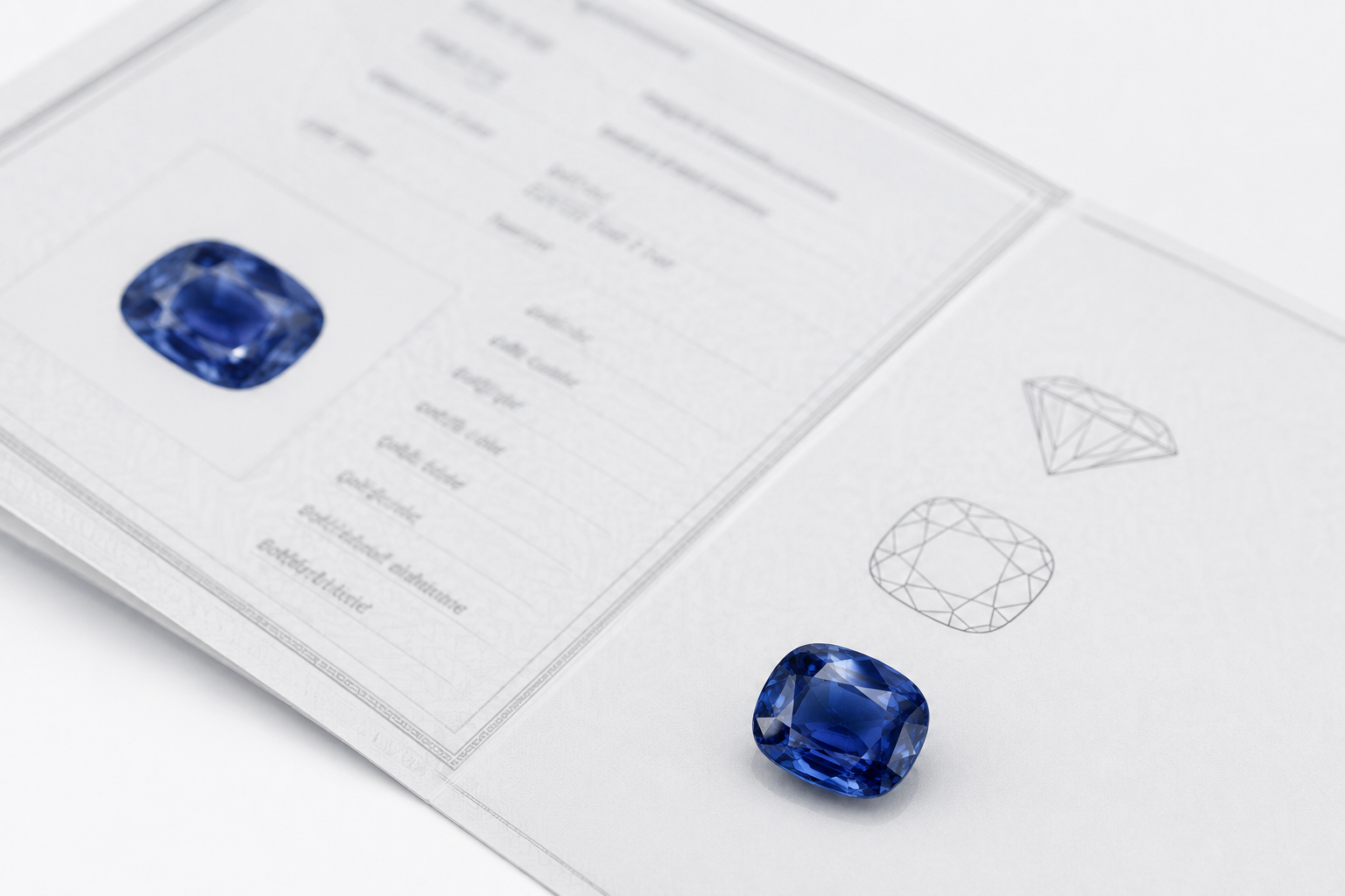Natural blue sapphire displayed beside a gemstone certification report.