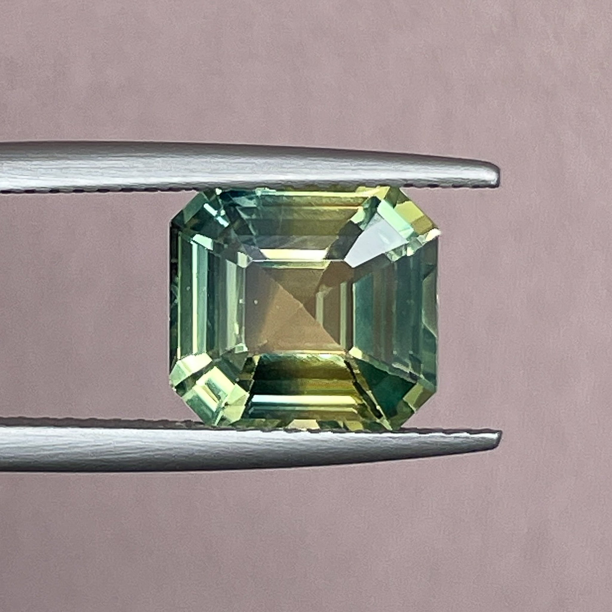 Natural teal parti sapphire, 4.02 Ct Asscher emerald cut, bi-color green and yellow loose gemstone for custom engagement rings.