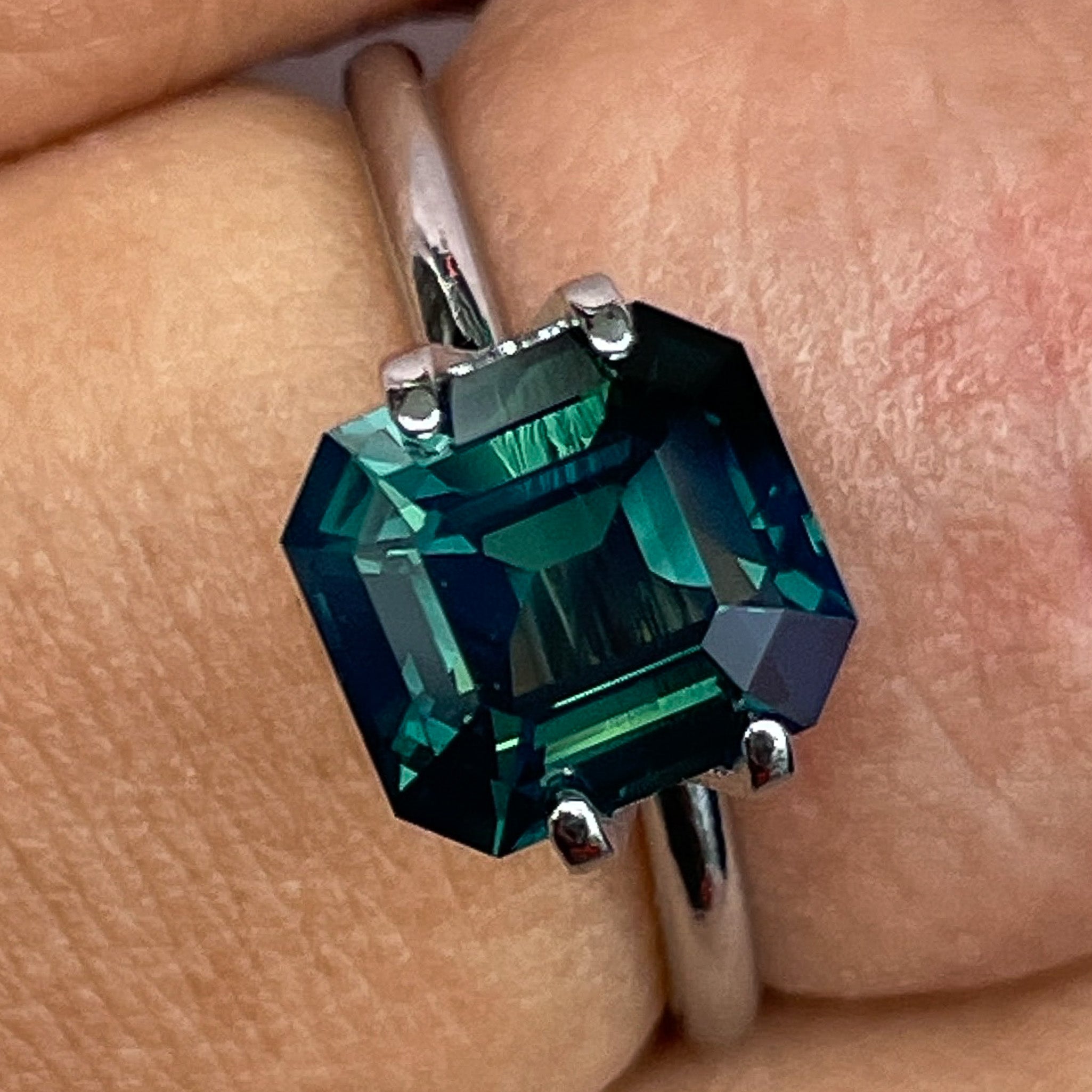 Teal natural forest green sapphire 3.59 Ct loose emerald cut gemstone from NASHGEMS, ideal for custom engagement rings.