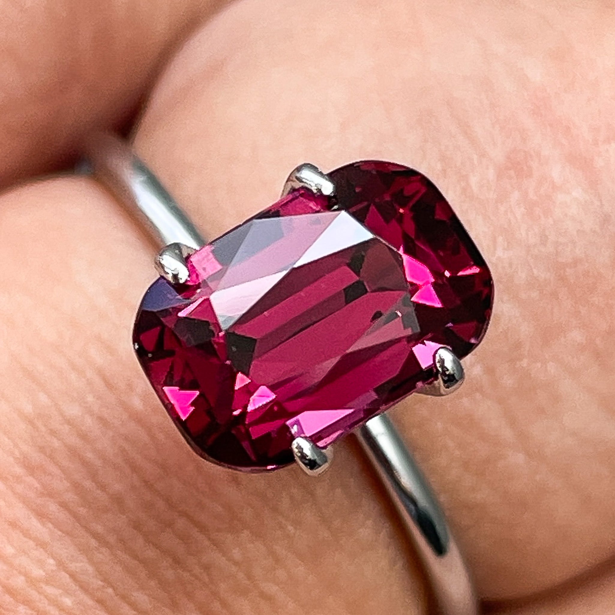 Natural Rhodolite Garnet 3.18 Ct cushion cut loose gemstone from NASHGEMS, vibrant raspberry red VVS garnet for engagement jewelry