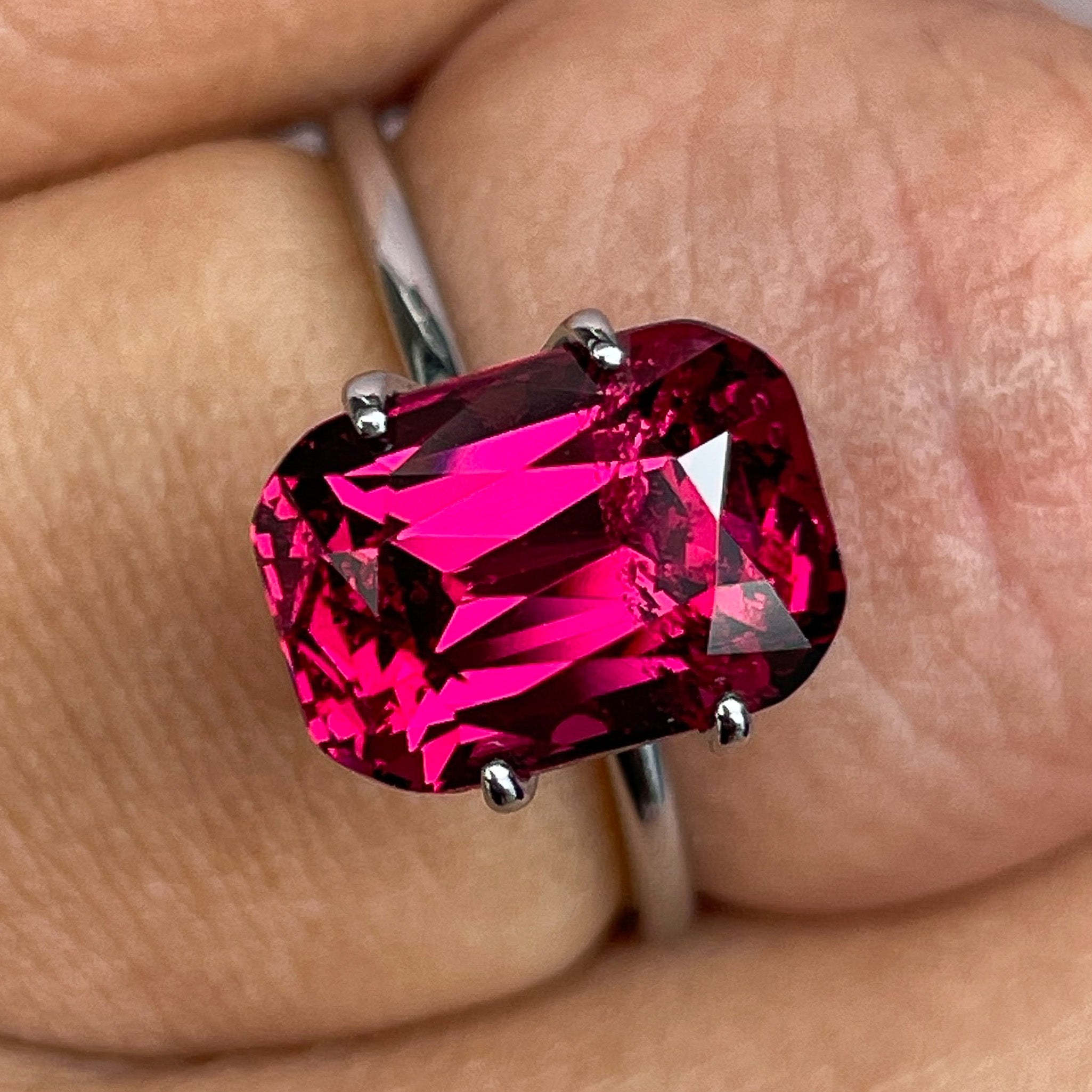 Natural Rhodolite Garnet 5.00 Ct cushion cut loose gemstone in raspberry red, perfect for engagement rings, by NASHGEMS.