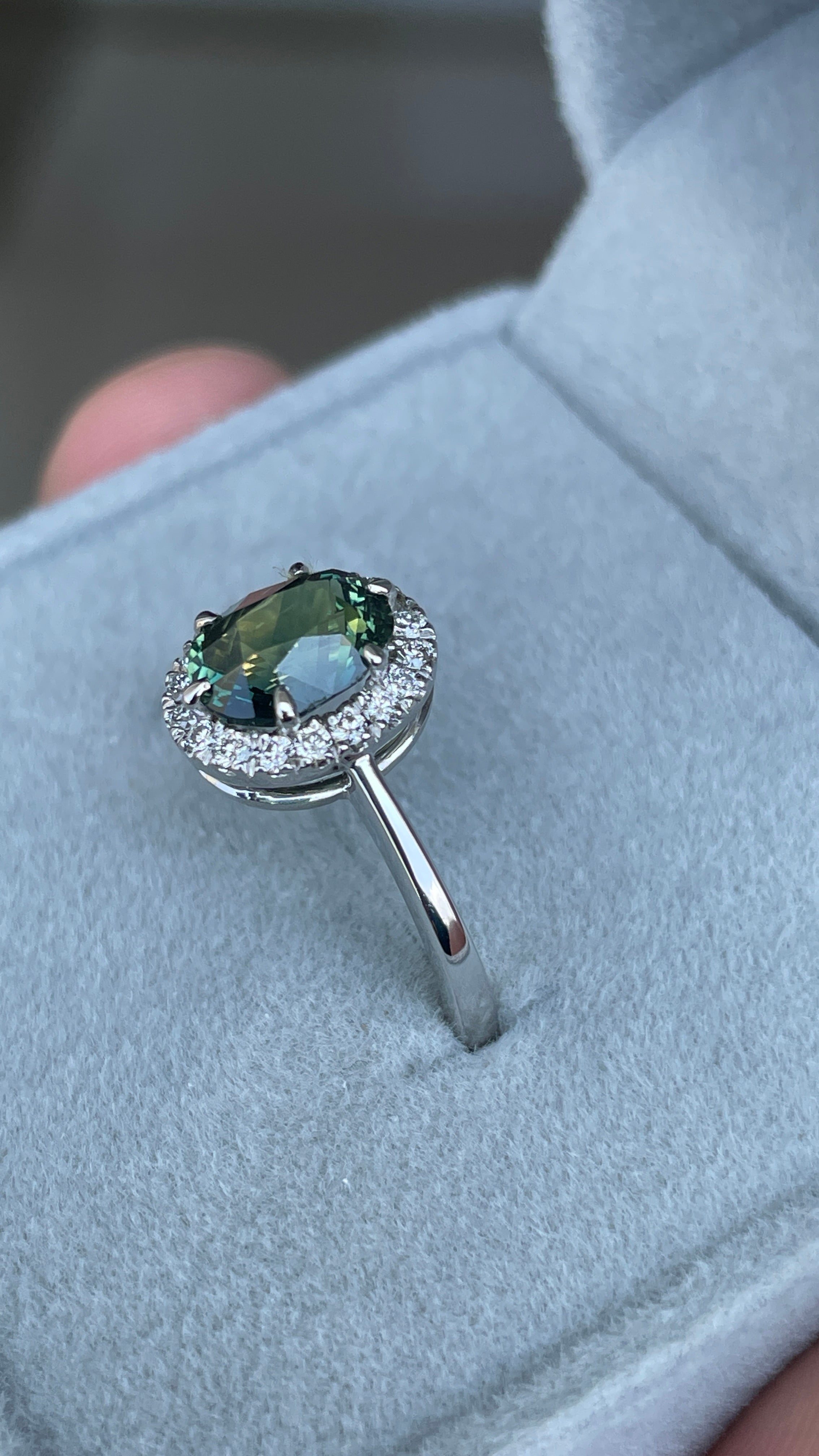 Natural Teal Sapphire Ring, Solid 14k White Gold Engagement Ring, Natural Diamond halo, Timeless Design Jewelry - NASHGEMS